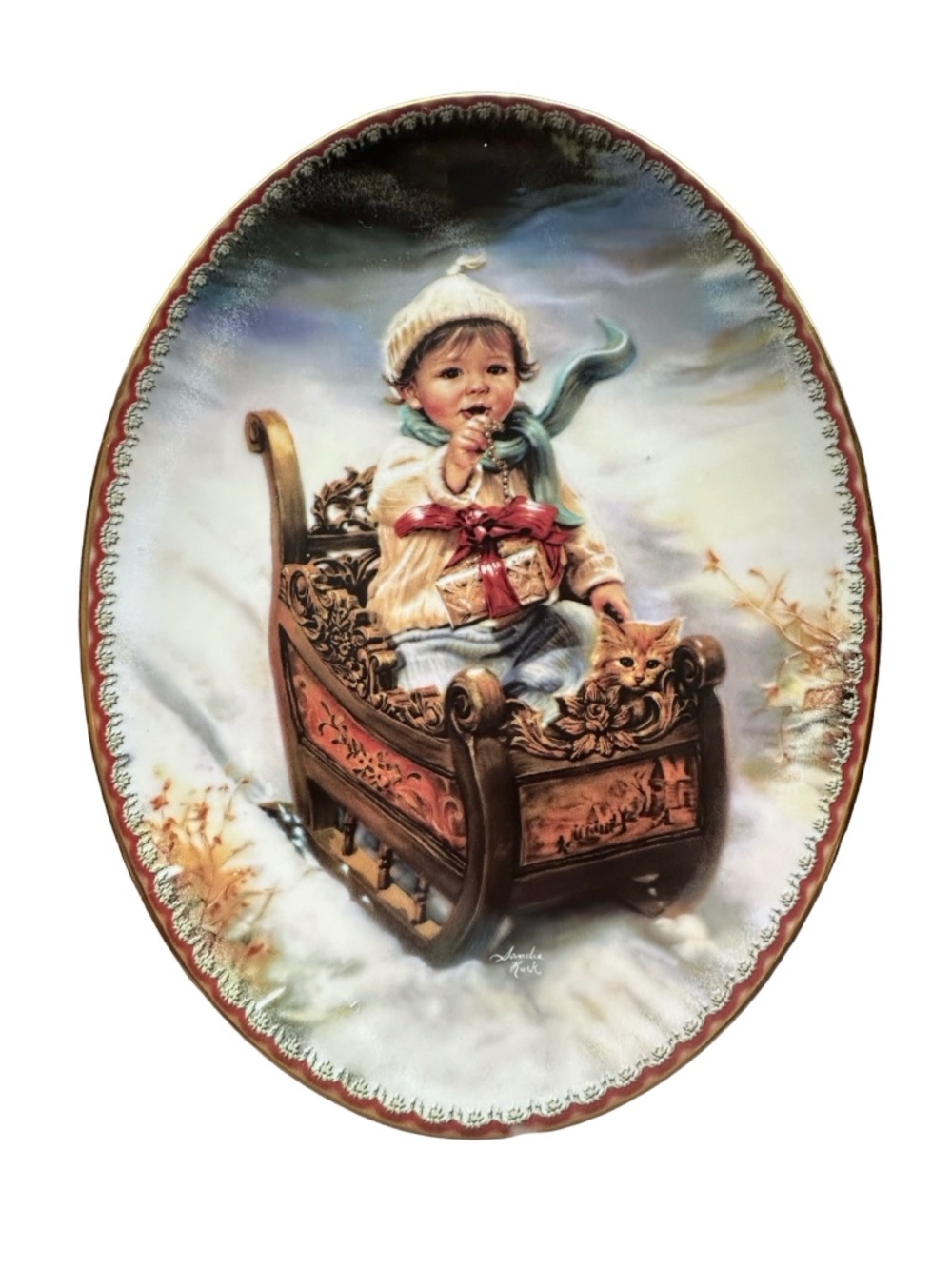 Sandra Kuck Riding Into Christmas Oval Collector Plate Winter Wonderland Reco